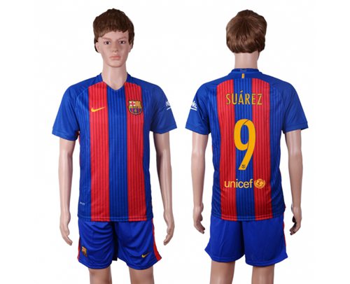 Barcelona #9 Suarez Home With Blue Shorts Soccer Club Jersey